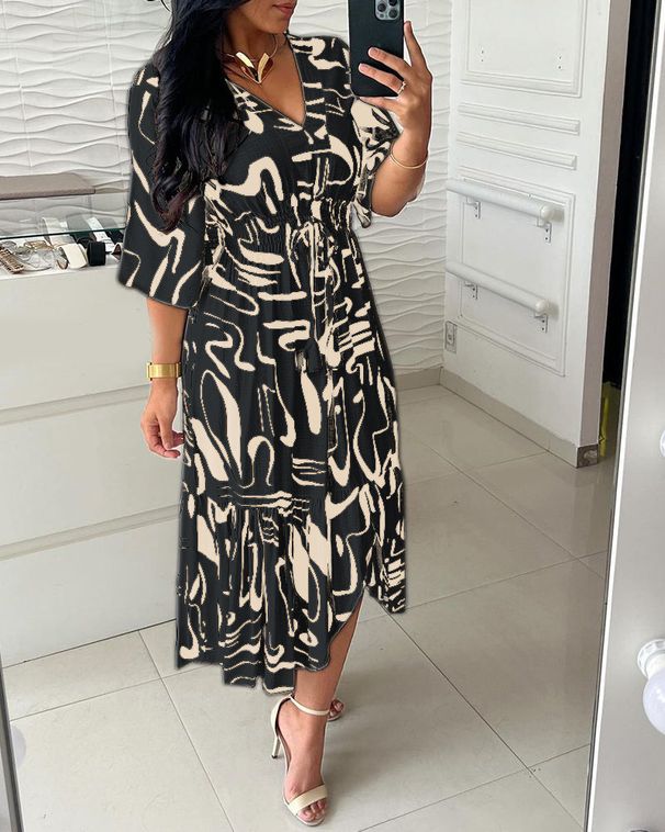 Women's Clothing Summer New Printed V Neck High Waist Lace Up Dress Flared Mid Sleeve Ruffled Slit Long Skirt_ecoleips.com