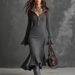 Elegant Knit Fishtail Dress With Zip Collar & Flared Sleeves – Stretchy Polyester Blend For Women’s Fall Wardrobe_ecoleips.com