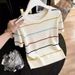 Women's Korean Style Sweet Preppy Top Apricot Round Neck Striped Short Sleeved Knitwear For Summer Wear Inner Layer Base Layer_ecoleips.com