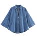 K New European And American Style Fashionable Wide Sleeved Lapel Denim Shirt Casual Wide Leg Straight Leg Pants Set For Women_ecoleips.com