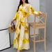 Printed Long Dress For Women Casual V-Neck Loose Fit With Long Sleeves_ecoleips.com