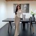 Pure & Chic Long-Sleeve Top & Midi Skirt Set – Autumn/Winter Elegance In Light Khaki & Champagne_ecoleips.com