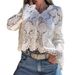 Elegant Lace Crochet V-Neck Knit Top For Women - Breathable Cotton Blend Openwork Blouse With Single Button Closure_ecoleips.com