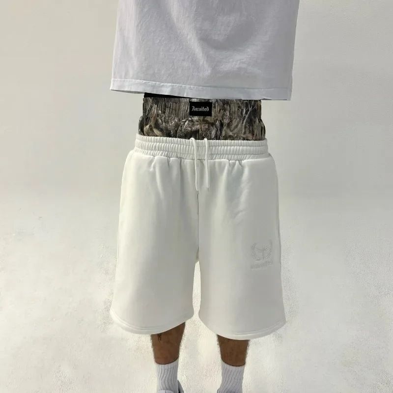 Women's Clothing Street Camouflage Double Waist Stitching Sweatpants Cropped Pants Hip Hop Casual Embroidered Sports Shorts For Men And Women_ecoleips.com