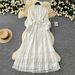 Women's Clothing Vintage French-Style Lace Trim Dress – Corset Tie Waist, Lantern Sleeves, Elegant Midi Dress (Brown/Black/White, One Size Fits Most)_ecoleips.com