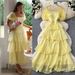 French-Inspired Summer Dress – Square Neck & Puff Sleeves With Tiered Ruffle Hem (Bluish/Black/White/Yellow/Rose Red, One Size)_ecoleips.com