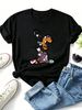 Women Patchwork Floral Graffiti Rabbit KRPBRAND Letter Graphic T Shirt Round Neck Short Sleeve Loose Streetwear Summer Tops_ecoleips.com