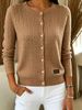 Khaki Cable Pit Rib Knit Cardigan, Loose Lightweight Breathable Soft Skin-touch Button Long Sleeve Jacket_ecoleips.com