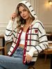Stripe Heart Embroidery Pit Rib Knit Hooded Cardigan, Loose Lightweight Breathable Soft Skin-touch Long Sleeve Button Drawstring Knit Jacket_ecoleips.com