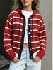 Red White Stripe Heart Pit Rib Knit Hooded Cardigan, Loose Lightweight Breathable Soft Skin-touch Drawstring Button Knit Jacket_ecoleips.com