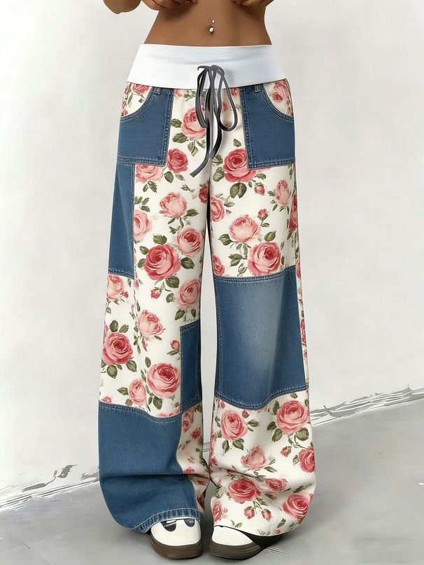 Women's High-Waisted Casual Loose Wide-Leg Pants Digital Print Cotton Spring/Autumn Regular Fit Foreign Trade_ecoleips.com