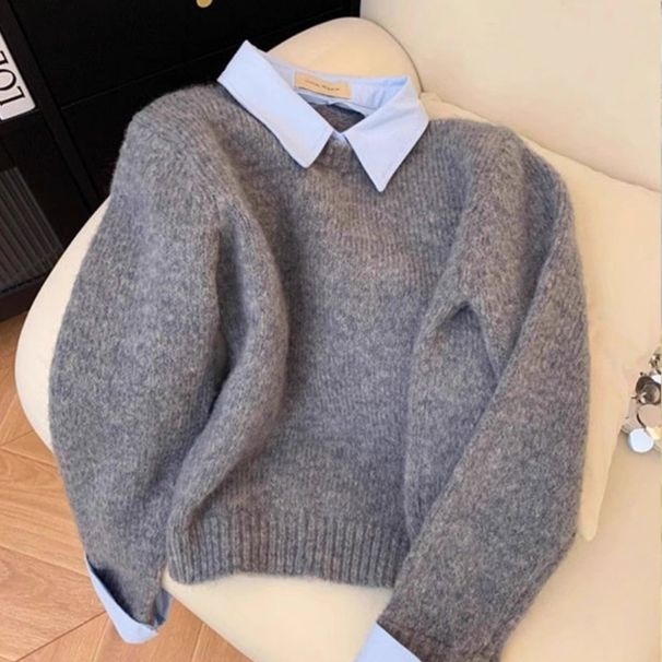 Shirt Collar Sweater For Women New Style Inner Wear Lazy Style Contrast Color Lapel Gray Knit Sweater Top_ecoleips.com