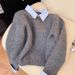 Shirt Collar Sweater For Women New Style Inner Wear Lazy Style Contrast Color Lapel Gray Knit Sweater Top_ecoleips.com
