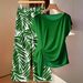 Women's Geometric Print Shirt And Pants Set - Relaxed Linen Blend Outfit For Summer And Early Fall_ecoleips.com