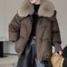 Women's Short Down Jacket With Detachable Faux Fur Collar - Winter Warm Thickened Coat For Plus Size - Casual Outerwear With 3D Embroidery_ecoleips.com