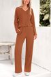 K Women's New Fashion Casual Straight Leg Pants With V-Neck Slit Knit Set_ecoleips.com