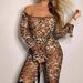 Women's Sexy Leopard Print Off-Shoulder Flare Sleeve Top Jumpsuit + Stretch Casual Pants_ecoleips.com