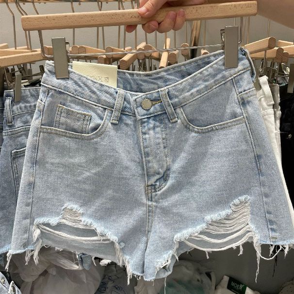 Light Color Ins Style Girl Denim Shorts Women Thin Summer Loose Plus Size Fat Mm Frayed Wide Leg A-Line Hot Pants_ecoleips.com