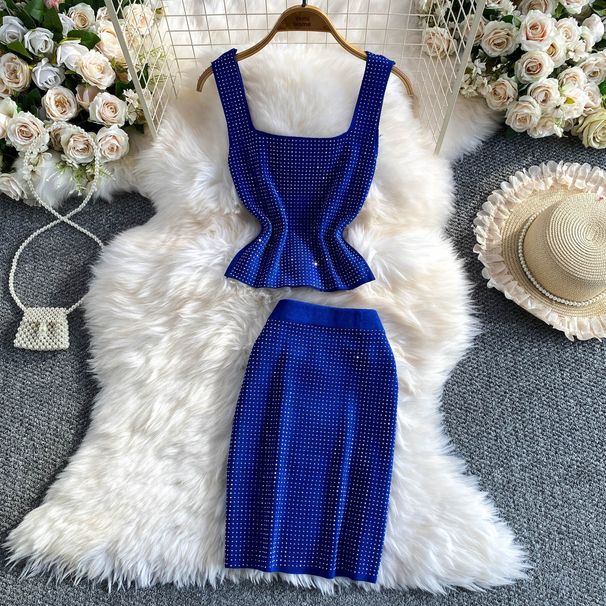 Luxury Chic Heiress Two Piece Set Sparkling Rhinestone Square Neck Sleeveless Knit Top And Slim Fit Bodycon Mini Skirt For Women_ecoleips.com