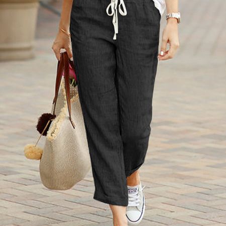 Women's Clothing Spring and Autumn New Style Solid Color Loose Casual Drawstring Elastic Waist Cotton and Linen Trousers_ecoleips.com