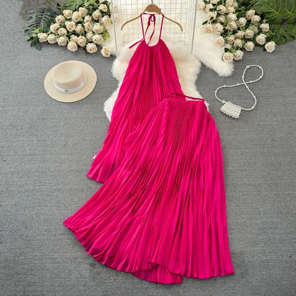 Women's Clothing Seaside Vacation Halter Neck Backless Pleated Dress Two Piece Suit High Waist Slimming A Line Skirt_ecoleips.com