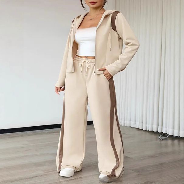 Plus Size Women's Casual Streetwear Set - Zip-Up Hoodie & Straight Leg Pants Two-Piece Outfit (0XL-5XL, Beige/Brown)_ecoleips.com
