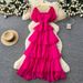 French-Inspired Summer Dress – Square Neck & Puff Sleeves With Tiered Ruffle Hem (Bluish/Black/White/Yellow/Rose Red, One Size)_ecoleips.com