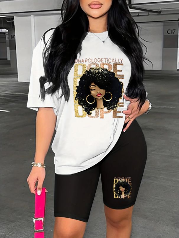 Summer Women's Casual And Fashionable Cartoon Letter Graphic Printed Loose T-shirt Shorts Two-piece Sportswear Suitable For Daily Wear-129_ecoleips.com
