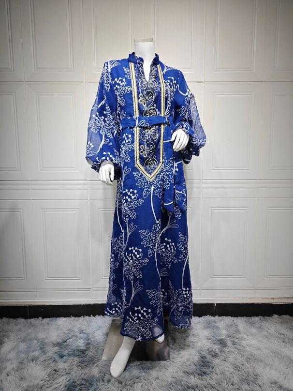 Elegant Jalabiya Dress With Belt – Modest Muslim Long Sleeve Maxi Dress For Banquets & Home Wear – Flowing Abaya With Lantern Sleeves_ecoleips.com