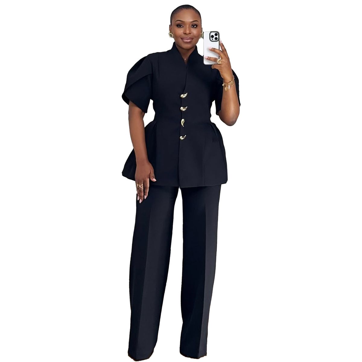 Elegant Commuter Bud Sleeve Shaped Button Two-piece Set_ecoleips.com