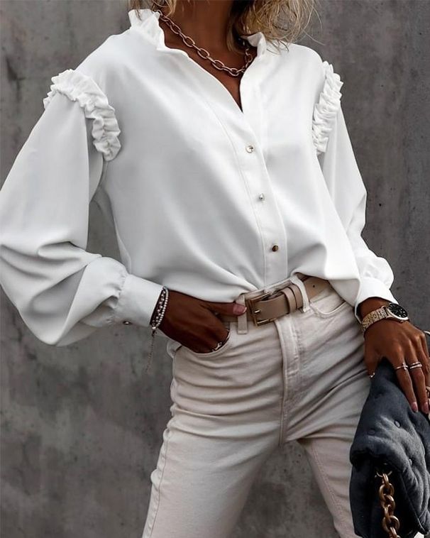 Women's Clothing Women's Lantern Sleeve Solid Color Long Sleeve Shirt - Casual Office Blouse With Button Down Collar & Polyester-Spandex Blend_ecoleips.com