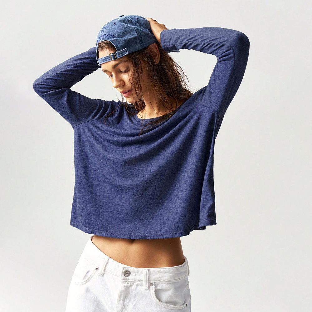 Voya Women's Street Sexy T-shirt Spring/Summer Wide Truffle Back Short Style Solid Color Long Sleeve Top_ecoleips.com