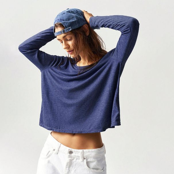Voya Women's Street Sexy T-shirt Spring/Summer Wide Truffle Back Short Style Solid Color Long Sleeve Top_ecoleips.com