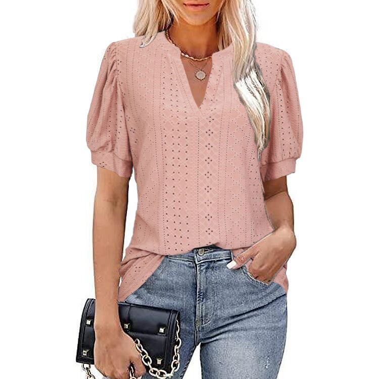 Breathable V-Neck Bubble Sleeve Top With Lace-Up Detail - Lightweight Loose Fit T-Shirt For Women Comfortable Loose Fit_ecoleips.com