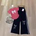 Korean Style Women's Fashion Summer Bow Print Two Piece Set High Waisted Wide Leg Pants Short Sleeved Top_ecoleips.com