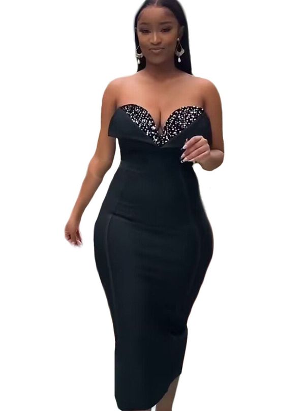 Sexy Black Bandage Dress With Rhinestone & Sequins, Deep V Neckline, High Waist, Bodycon Party Dress For Women, S/M/L_ecoleips.com