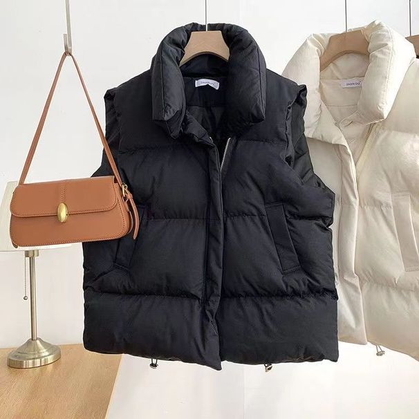 New Winter Cotton Vest Women Warm Coat Turn-down Collar Zipper Sleeveless Jacket Overcoat Loose Drawstring Waistcoat Vest Coat_ecoleips.com