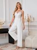 Women's Clothing Elegant V-Neck Wide Leg Jumpsuit - Chiffon & Lace Wedding Party Romper For Women, Sexy & Classy White One-Piece Pantsuit (S/M/L/XL)_ecoleips.com