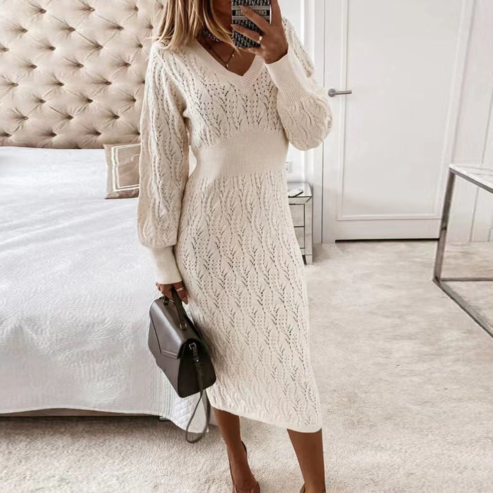Women's Clothing Elegant Hollow-Out Crochet Knit Dress With V-Neck & Lantern Sleeves For Women, High Waist Bodycon Midi Dress In Apricot (One Size)_ecoleips.com