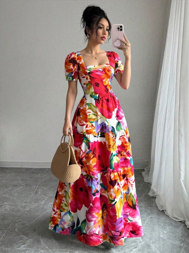 Retro Floral Patchwork Maxi Dress – Elegant Square Neckline, Short Sleeve French Style Dress, Vintage-Inspired Polyester Blend_ecoleips.com