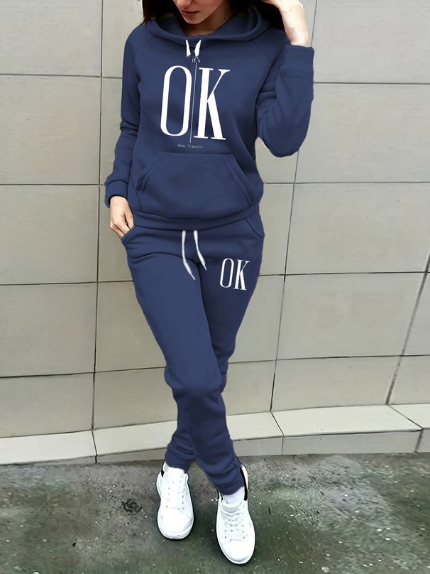 Women's Autumn And Winter Casual Fashion OK Letter Pattern Printed Thick Velvet Warm Hooded Sweatshirt+sweatpants Set-689_ecoleips.com