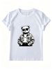 Women Summer Crew Neck Short Sleeve T-Shirt, Cool Sunglasses Denim Jacket DR Bear Black White Sketch Graphic Casual White Streetwear Loose Tee Top_ecoleips.com