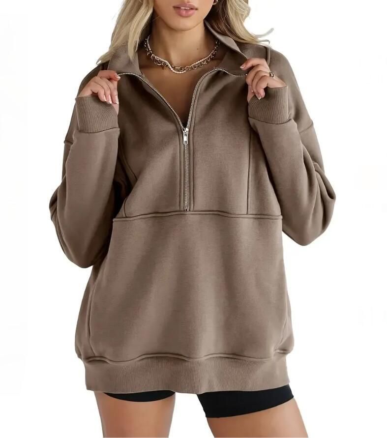 Women's Fleece-Lined Zip-Up Hoodie – Oversized Streetwear Pullover With Contrast Pocket Panels, High Neck Long Sleeve Sweatshirt (S-XXXL)_ecoleips.com
