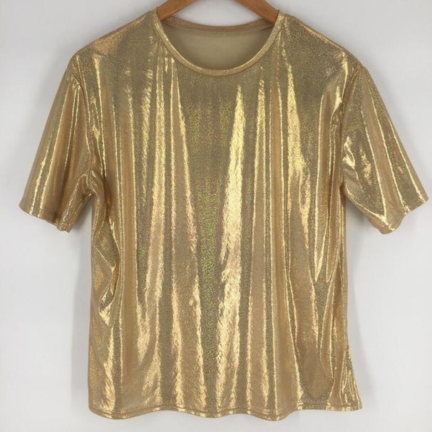 Glitter Stage Performance T-Shirt For Women - Loose Fit, Reflective, Breathable Cotton Blend, Short Sleeve Round Neck (Multiple Colors)_ecoleips.com