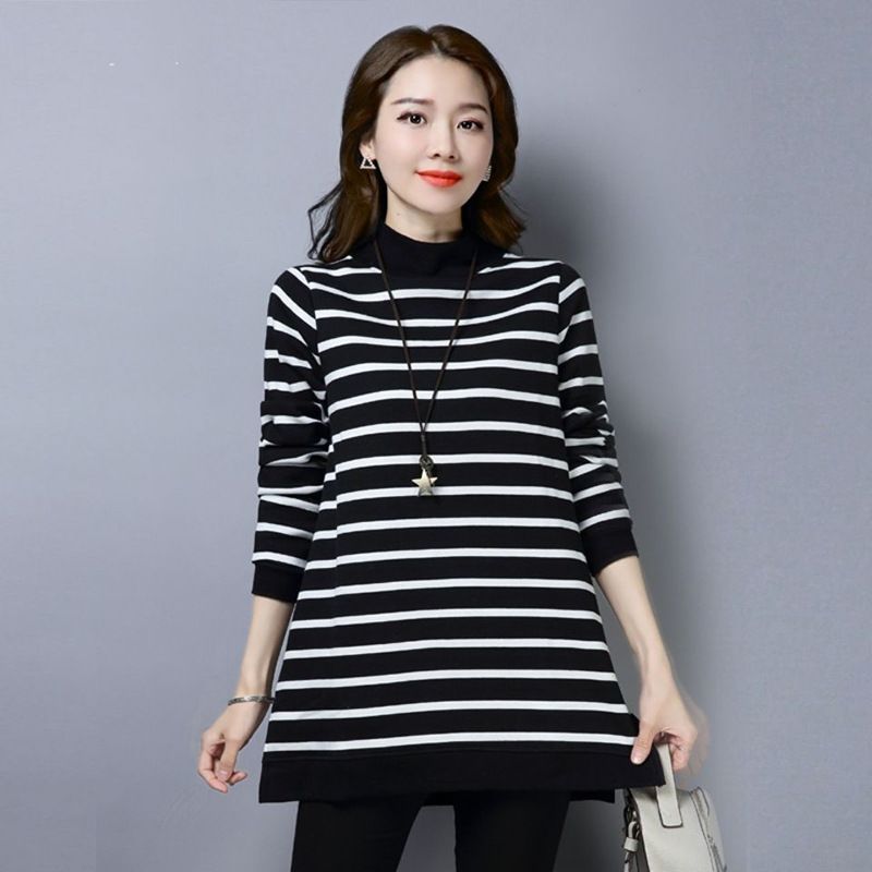 A Mid-Length Long-Sleeved Base Layer With A Striped Top For Large-Sized Women's Clothing In Autumn And Winter_ecoleips.com