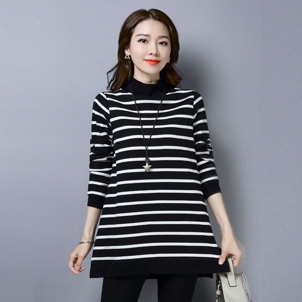 A Mid-Length Long-Sleeved Base Layer With A Striped Top For Large-Sized Women's Clothing In Autumn And Winter_ecoleips.com