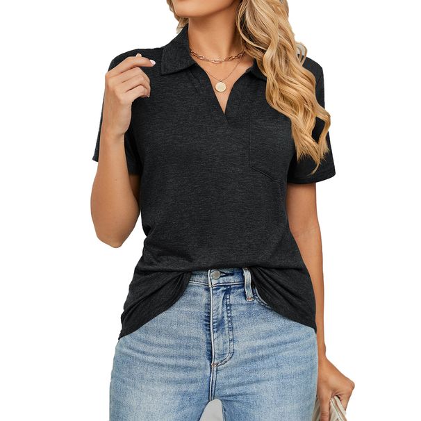 2023 Spring/Summer New European And American Cross-Border Trade Solid Color Short-Sleeve Turn-Down Collar Pocket_ecoleips.com