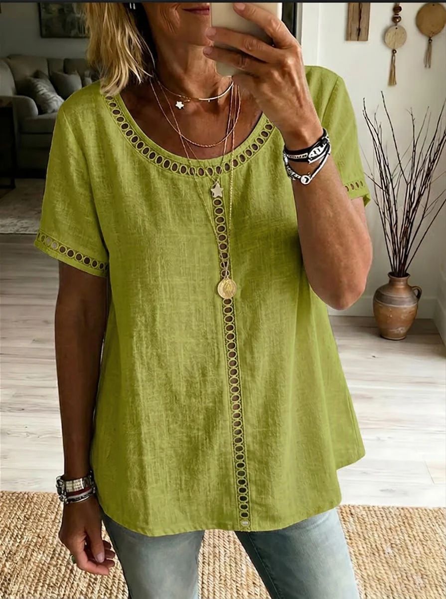 Spring/Summer Women's Solid Color Top With Lace Trim Hollow Out Fashion Short Sleeve New Arrival Wish_ecoleips.com