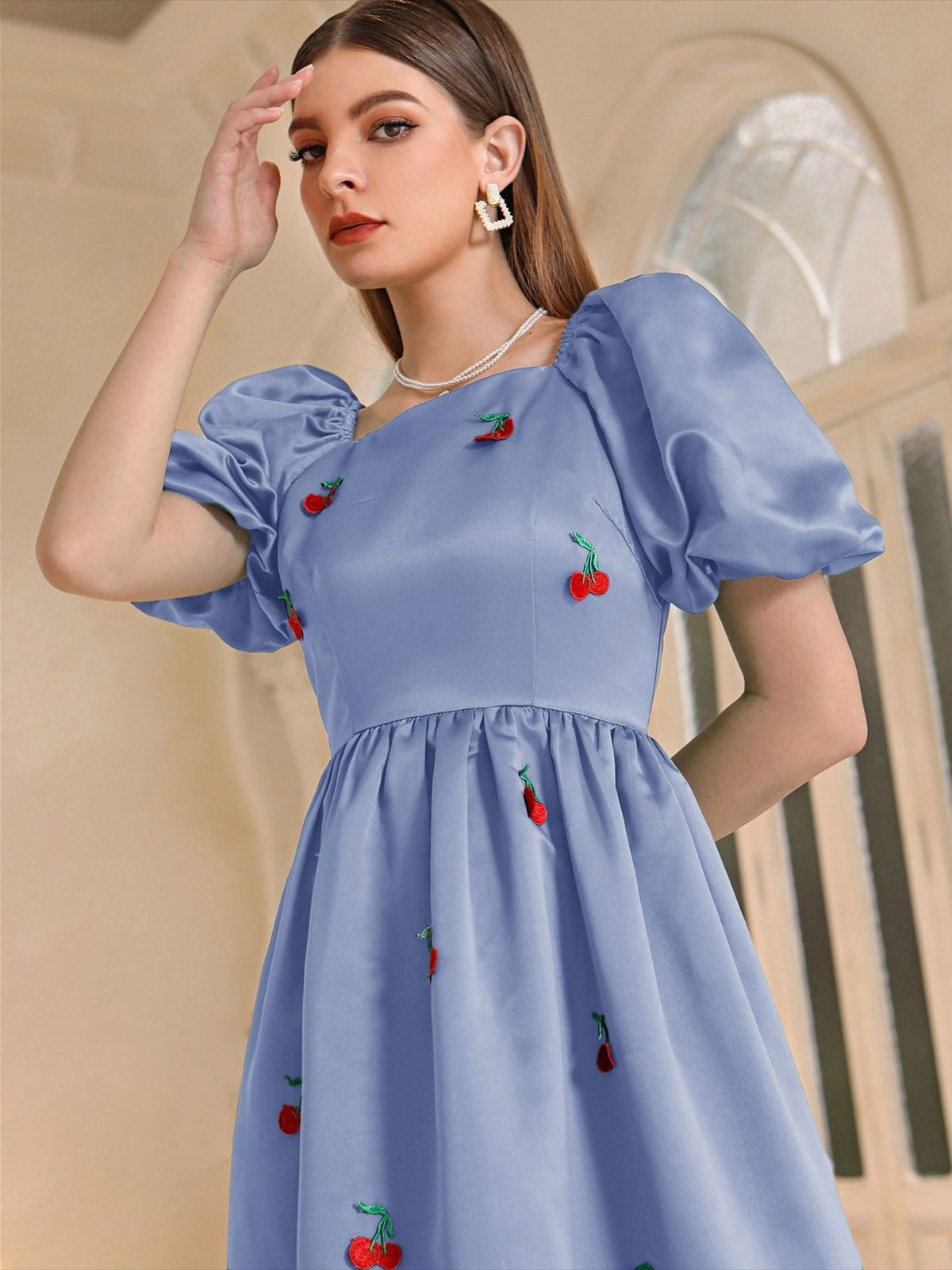 Elegant Women's Dress With Cinched Waist, Lantern Sleeves And Three-Dimensional Embroidered Flowers_ecoleips.com
