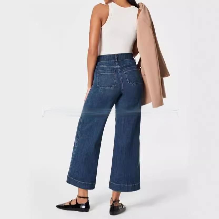 Women's Clothing Spring And Summer New Casual Denim Trousers Nine Point Washed Elastic Flared Wide Leg Trousers_ecoleips.com